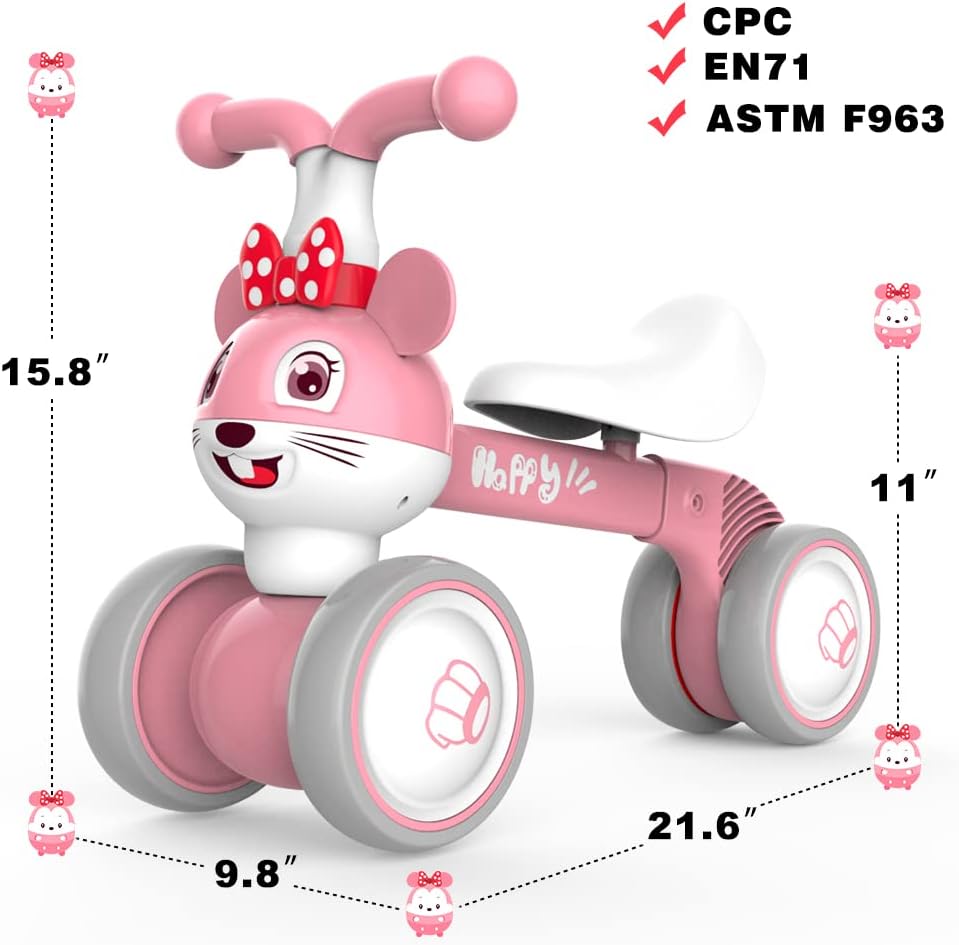 YGJT Baby Balance Bike for 1 + Year Old Boy and Girl, Indoor Outdoor Non-Pedal Baby Walker Toys for 10-36 Months Toddlers, Silent Wheels, 1st Birthday Gift, Kids First Bike Pink Mouse