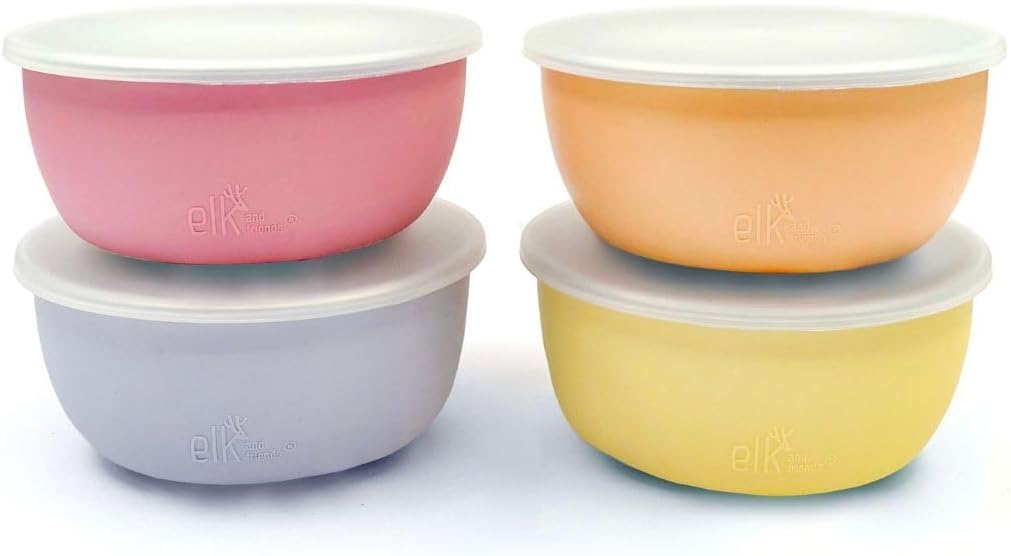 Elk and Friends Stainless Steel Bowls + Silicone Sleeve and Storage Lid | Baby, Toddler, Kids | Cereal & Snack Bowls | Storage Containers | Dishwasher Safe | 4 Pack