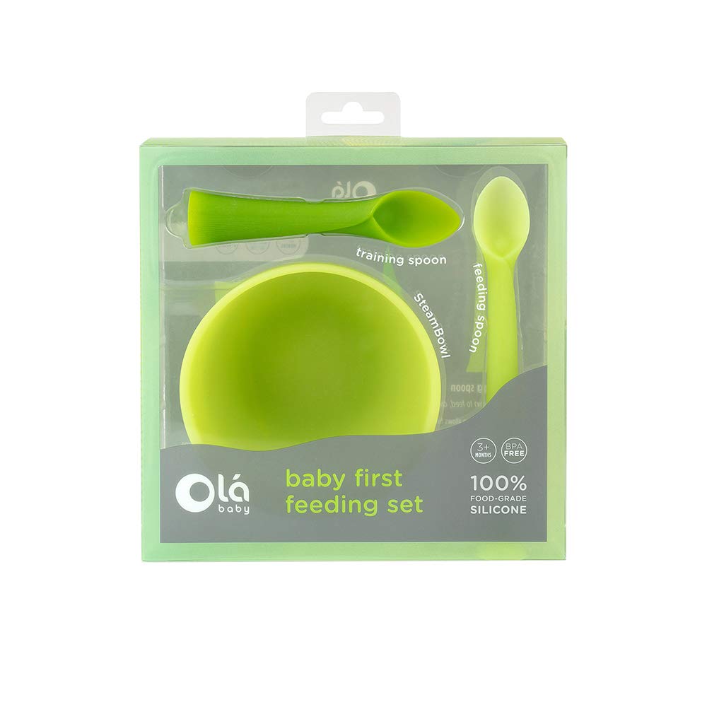 Olababy 3 Piece Parent Led and Baby Led Weaning First Feeding Set, Includes Training Spoon, Feeding Spoon and Steambowl