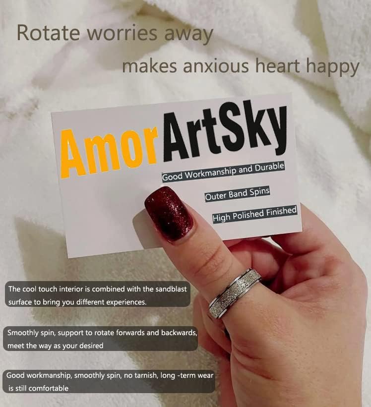 Anxiety Ring for Women Men, Titanium Stainless Steel Spinner Ring, 5 Colors, 6MM, Size 6-10, 3 Styles Anxiety Ring-Moon Star, Sandblasted Finished, Hollow Outer