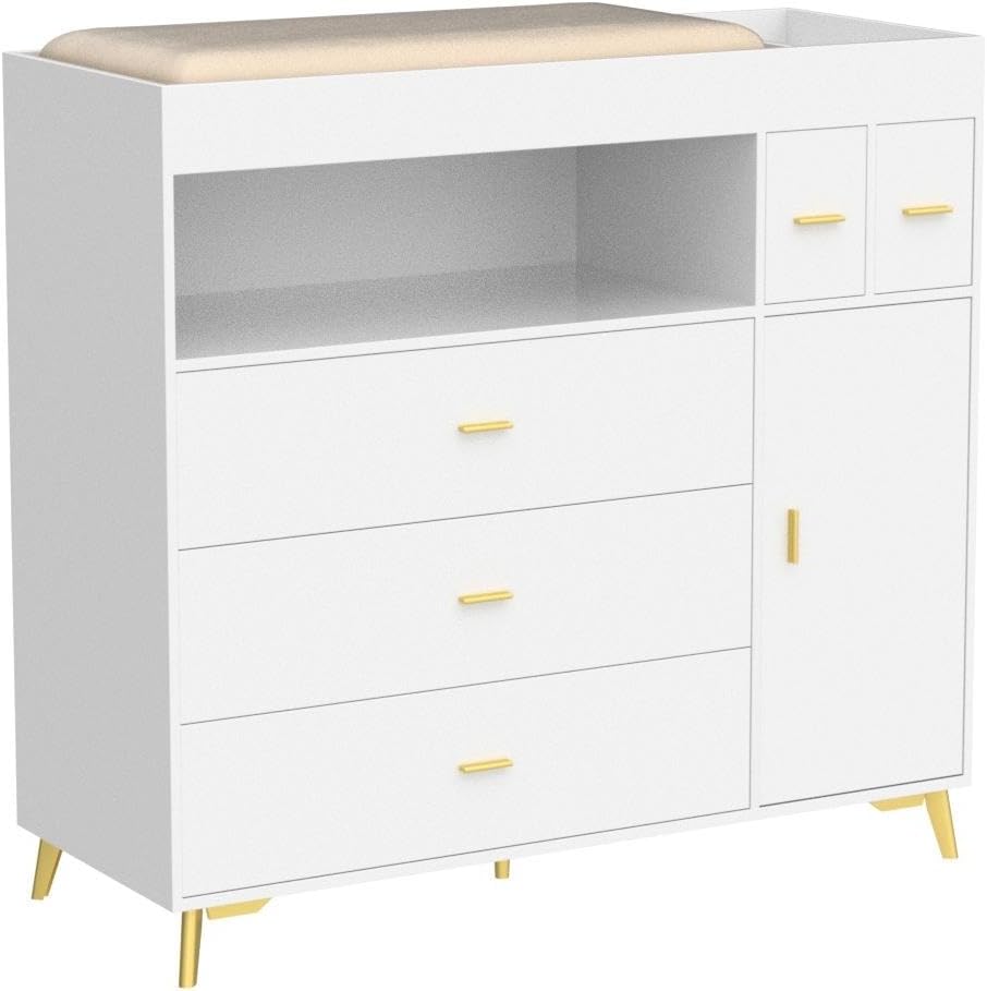 PAKASEPT Changing Table with Drawers, Changing Table Dresser with 5 Drawer & Cabinet