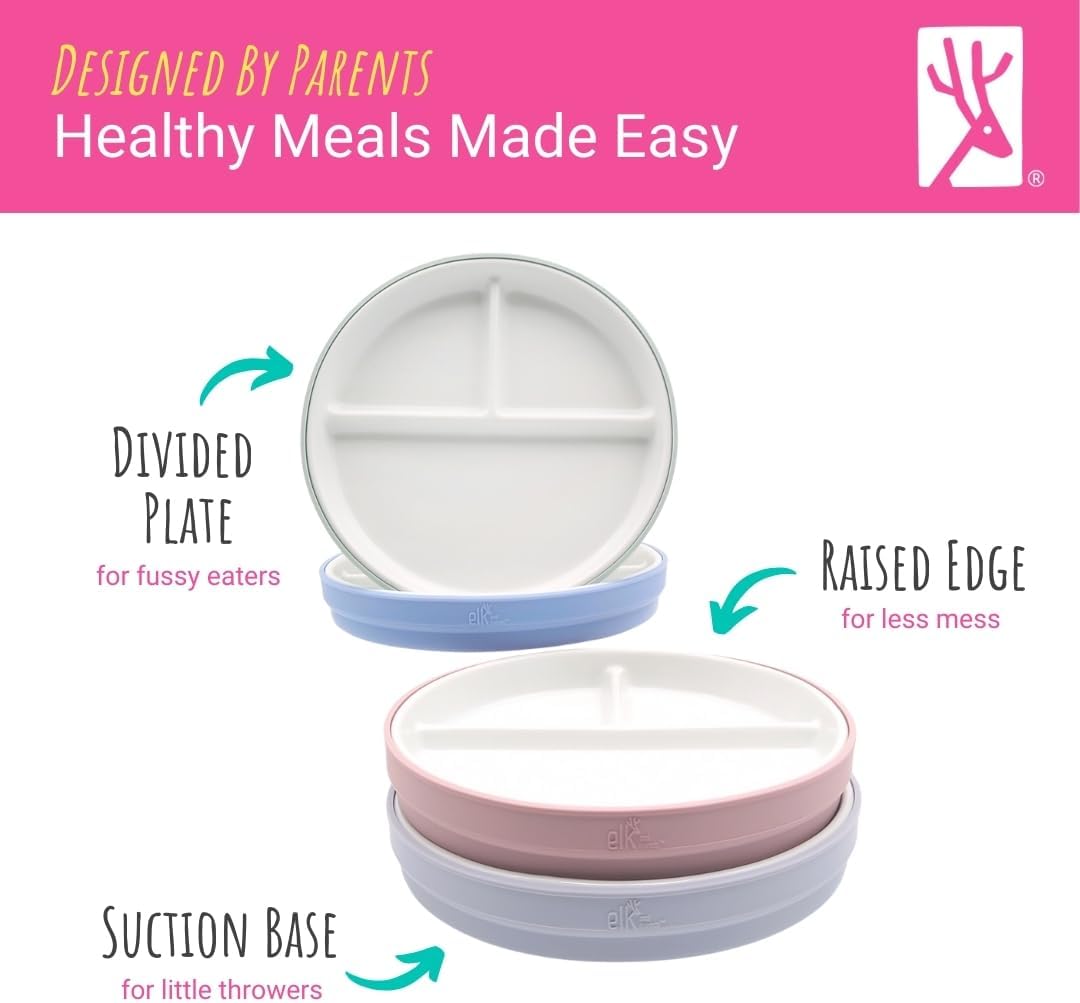 Elk and Friends Kids 6.7” Porcelain Divided Plates with Silicone Suction Sleeves | Suitable for Babies/Kids/Toddlers | Microwave & Dishwasher Safe | Non Slip | Snack Dishes | 2 Pack
