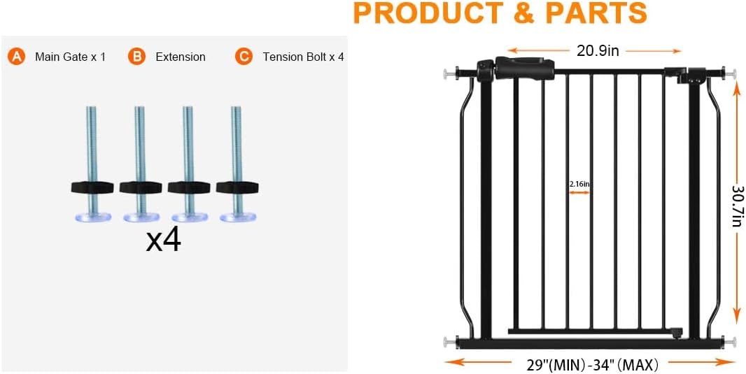 HOOEN Narrow Baby Gate for Stairs - 29 to 34 Inch Wide with Door, Metal Tension Pressure Mounted Child Safety Gate