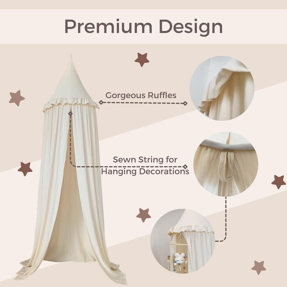 Wonder Space Kids Bed Canopy with Ruffles, Pastel Neutral Color for Boys & Girls, Frilled Cotton Tent Nursery Room Baby Crib Hanging Curtain Mosquito Netting Children Reading Nook Decoration (Ivory)