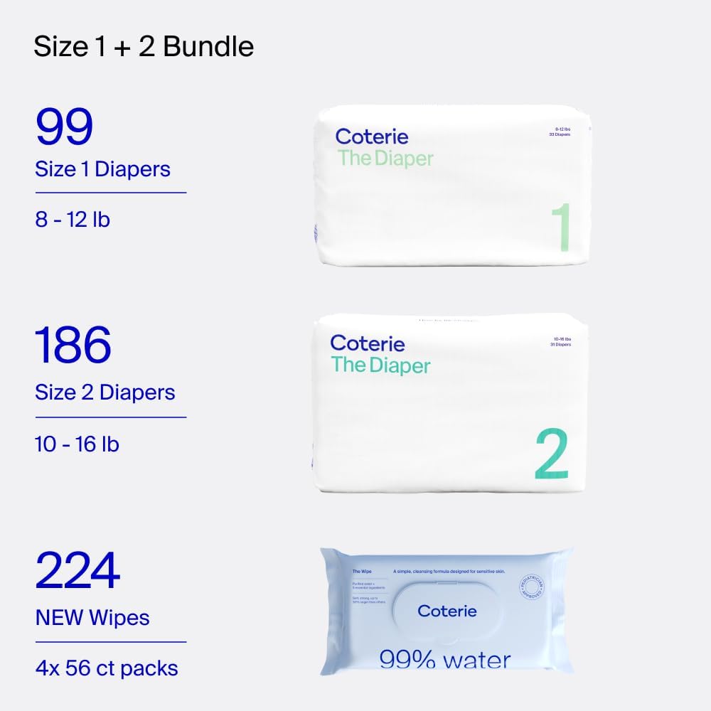 Coterie Baby Wipes + Diapers Kit, Size 1 (99 Count) & Size 2 Diapers (186 Count), 4 Pack (224) Baby Wipes with 99% Water, Plant Based Materials, Hypoallergenic for Sensitive Skin