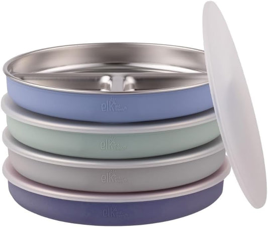 Stainless Steel Divided Plates + Silicone Sleeve and Storage Lid | Baby, Toddler, Kids | Dinner & Snack Plates | 4 Pack