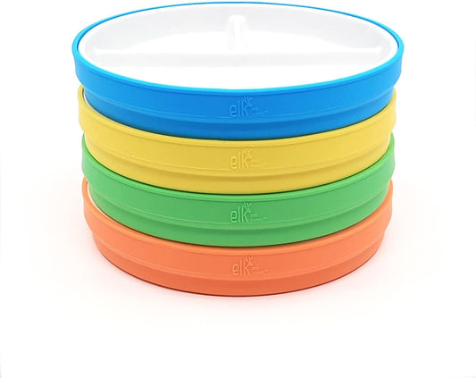 Elk and Friends Kids 6.7” Porcelain Divided Plates with Silicone Sleeves | Suitable for Babies/Kids/Toddlers | Microwave & Dishwasher Safe | Non Slip | Snack Dishes
