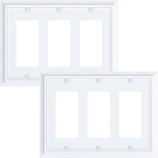2-Pack Decorative Tripple Decorator Outlet Cover Plate, Durable Natural Bamboo Fiber Pure White Wall Plates for Electrical Outlets, Receptacle, GFCI Outlet, Dimmer Switch, 3-Gang, Corrosion Resistant