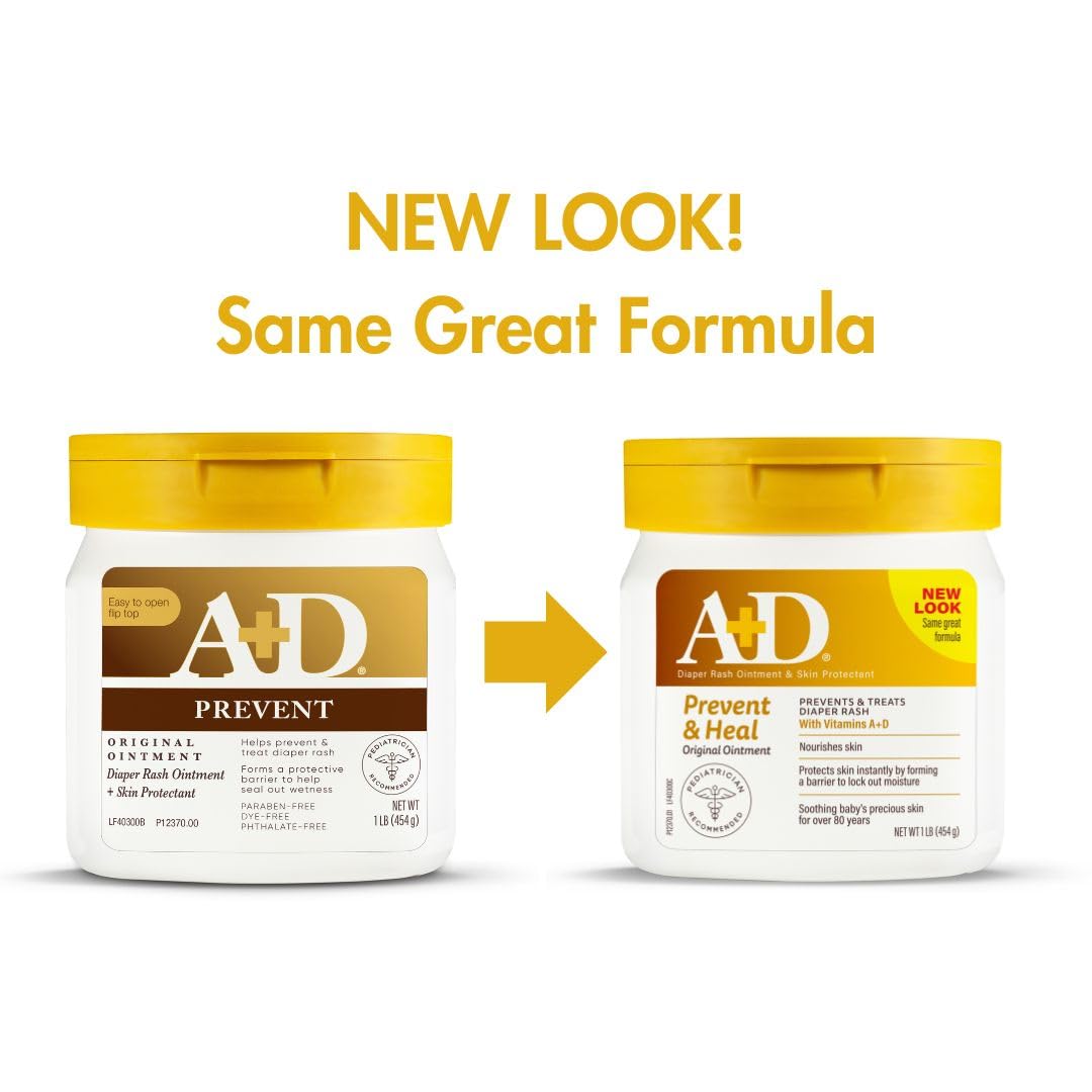 A+D Original Diaper Rash Ointment, Prevents & Protects Diaper Rash, Moisturizes & Heals Dry Skin With Vitamins A&D, 16oz Jar