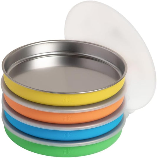 Elk and Friends 7.8” Stainless Steel Non Divided Plates with Silicone Sleeve + Storage Lid | Baby, Toddler, Kids | Dishwasher Safe | Dinner & Snack Plates | 4 Pack