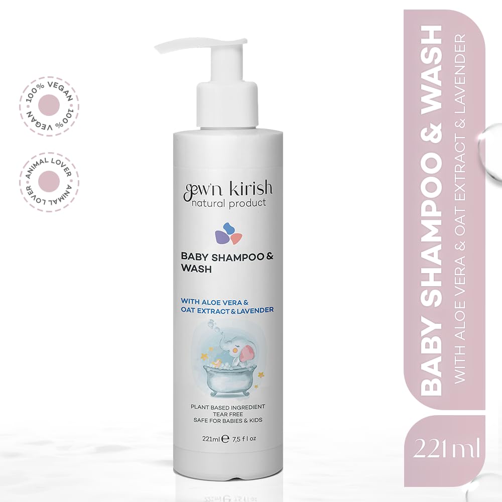 Gew’n Kirish Natural Baby Shampoo & Body Wash – Tear-Free, Hypoallergenic Cleanser with Lavender Oil, Aloe Vera & Oat Extract, Plant-Based, Vegan, Sulfate-Free Formula, 7.5 fl oz