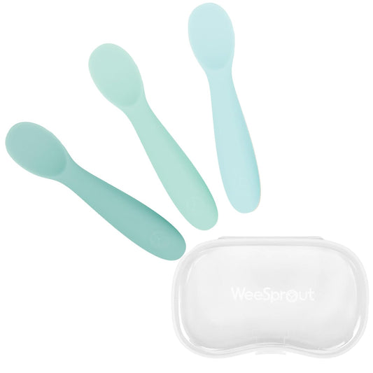 WeeSprout Baby Spoons for Self Feeding 6 Months +, Soft & Durable Silicone Utensils for Sensitive Gums & Teeth, Easy Grip Handles & Shorter Length for Little Hands, 3 Pack + Carrying Case