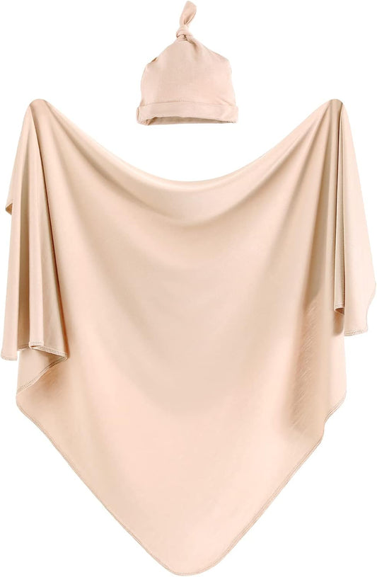 iEvolve Cotton Knitted Baby Swaddle Blanket with Hat Headband Set Newborn Swaddle Wrap Receiving Blankets for Baby Girl Boy 45" x 45"(Beige)