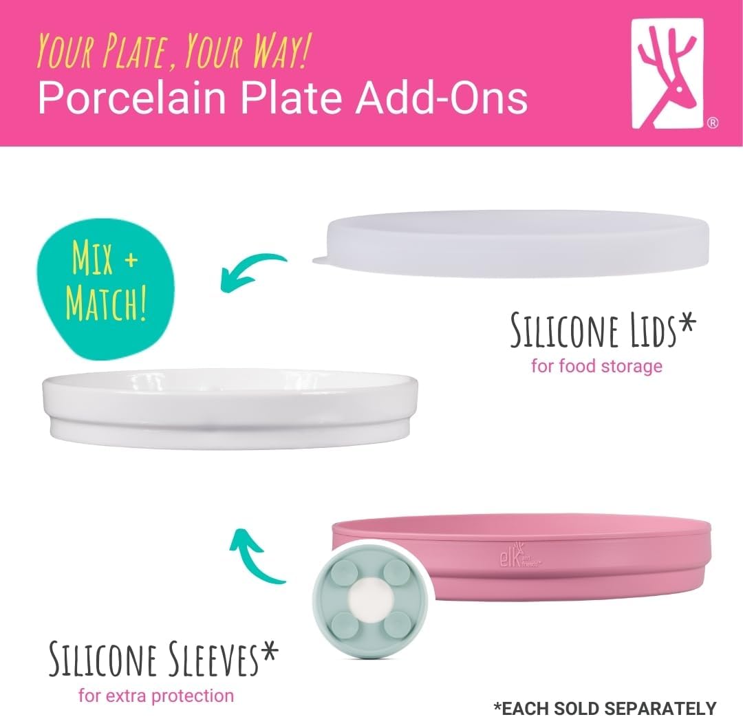 Elk and Friends Kids 7.8” Porcelain White Plates | Divided Plates | Suitable for Kids/Toddlers | Microwave & Dishwasher Safe | Non Slip | Snack Dishes | 2 Pack