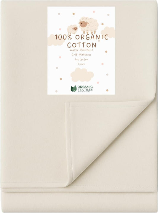 Organic Cotton Crib Mattress Protector - Water Resistant Flat Sheet Liner Pad, Skin Friendly, Chemical-Free Pure Cotton [GOTS-Certified] for Standard (52"x28") - Made in USA
