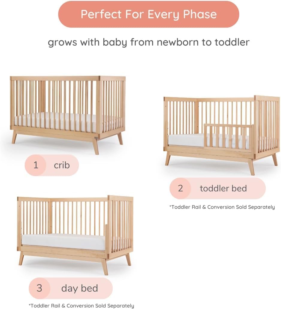 dadada Baby Soho 3-in-1 Convertible Wooden Crib to Toddler Bed - Made in Italy, GREENGUARD Gold Certified, Baby-Safe Finish, Sustainable Beech Wood, Modern Design, 3 Adjustable Heights (Natural)