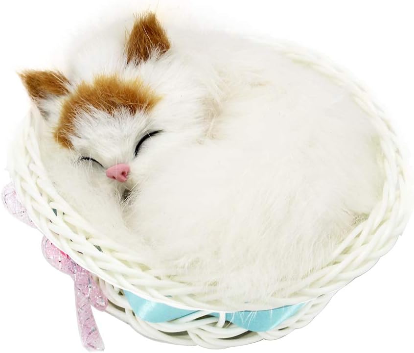 Sleeping Cat in Basket Doll Toy, Kitten in Basket with Meows Sounds Decor for Office Desk Hand Toy Gift for Kids Boys Girls