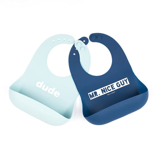 Baby Bib for Eating by Bella Tunno, Set of 2 Waterproof Silicone Bibs with Large Food Catcher, Adjustable Fit for Babies 4-12 months & Toddlers 1-3 Years, Boys & Girls, Dude & Mr Nice Guy