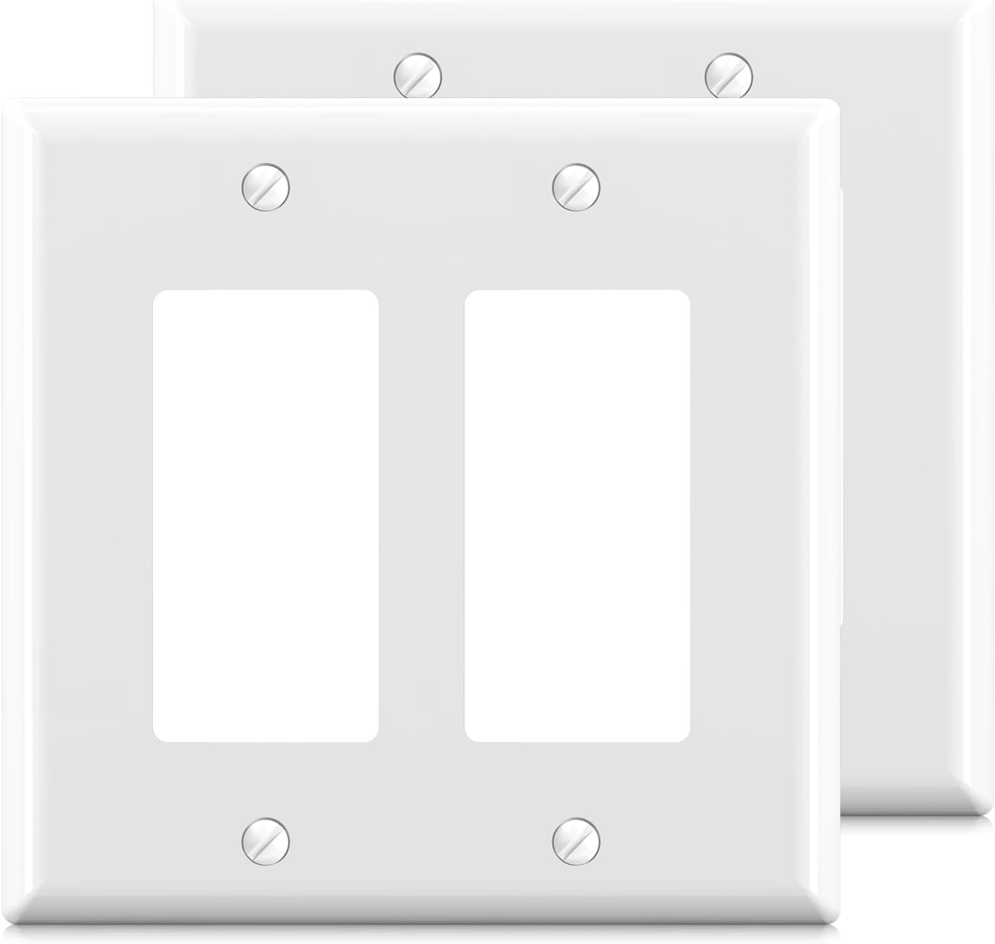 ELEGRP 2-Gang Decorative Wall Plates, Mid-Size 4.88" H x 4.94" L Unbreakable Thermoplastic Faceplate Cover for Decorator Receptacle Outlet Switch, UL Listed (2 Pack, Glossy White)
