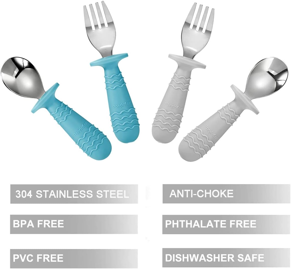PandaEar 4 Set Baby Toddler Silicone Stainless Steel Utensils Silverware Spoon Fork for Baby Toddler BPA Free with Silicone Holding Anti-Choke Design (Blue&Grey)