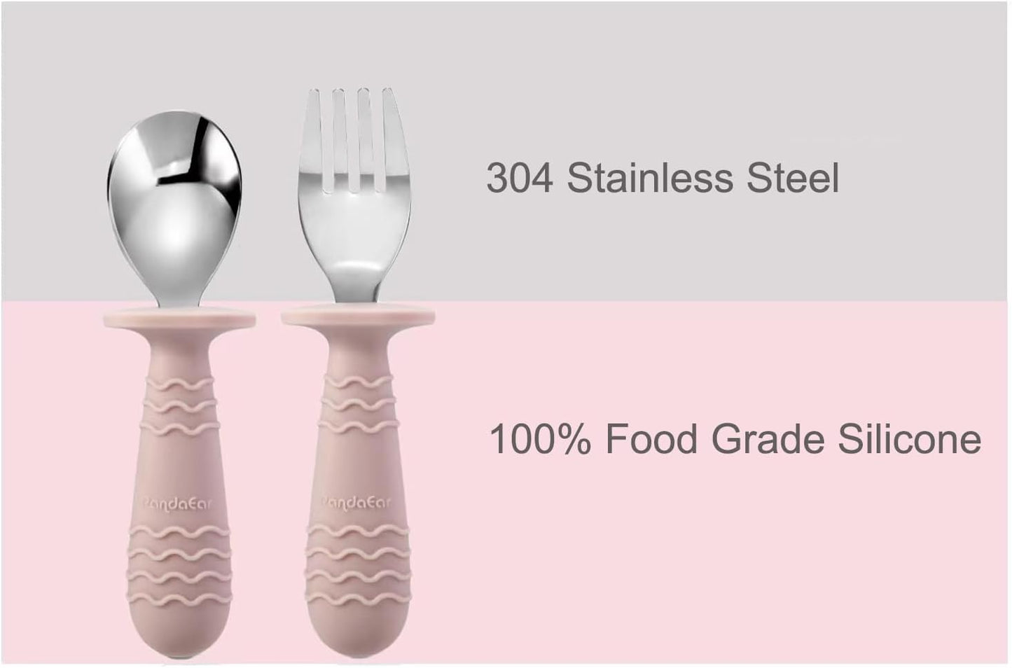 PandaEar 4 Set Baby Toddler Silicone Stainless Steel Utensils Silverware Spoon Fork for Baby Toddler BPA Free with Silicone Holding Anti-Choke Design (Pink&Grey)
