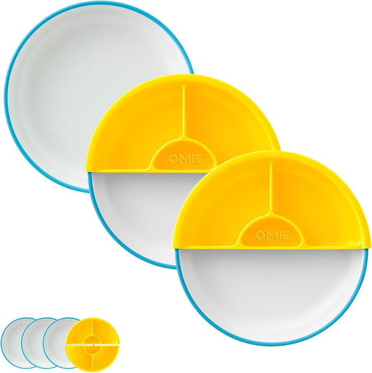Omie® Easy Scoop Plates for Kids | Unique Design Helps Food Fall into the Spoon, Not on the Table | Made from Plants | 3 Plates + 2 Silicone Dividers | Blue