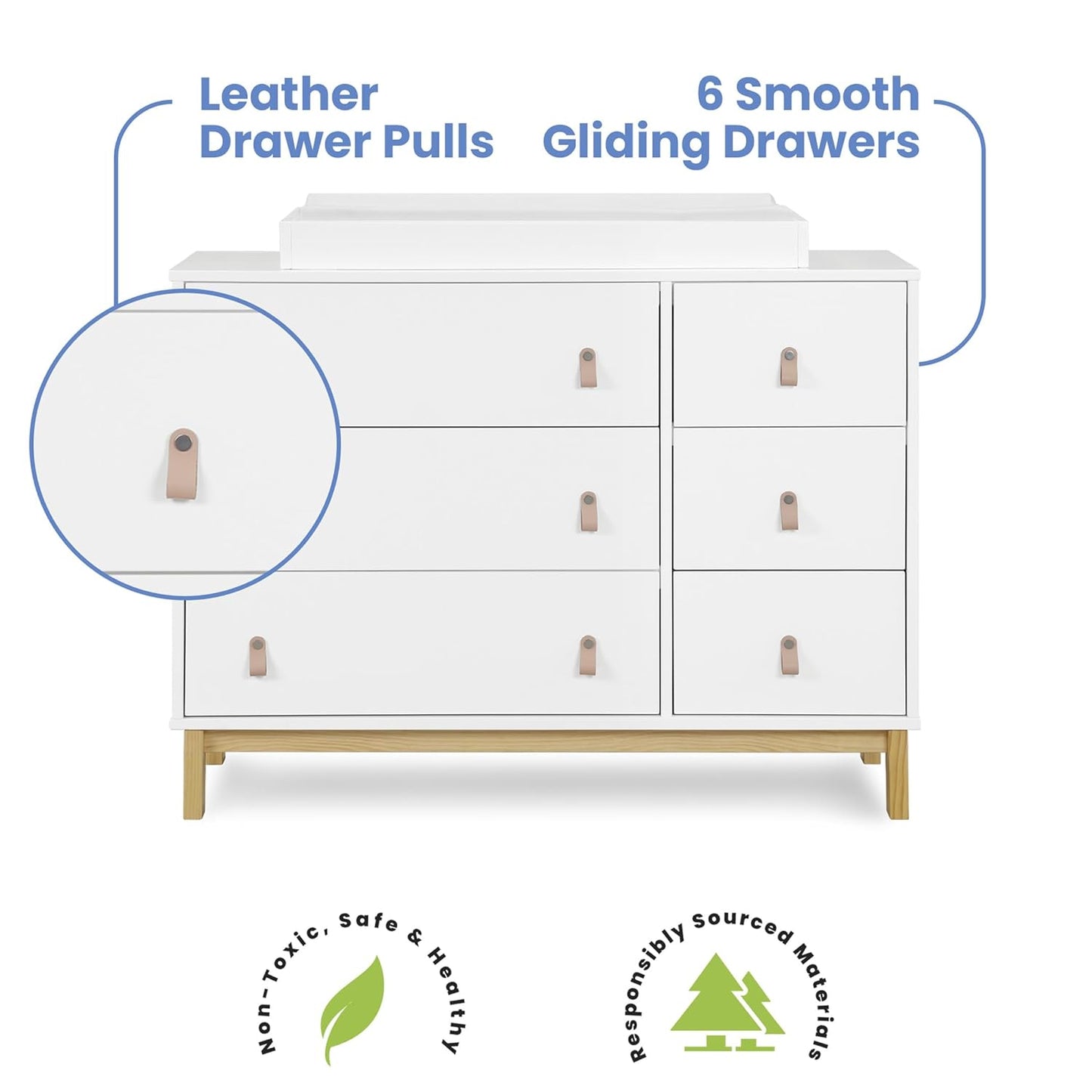 GAP babyGap Legacy 6 Drawer Dresser with Leather Pulls and Interlocking Drawers - Greenguard Gold Certified, Bianca White/Natural