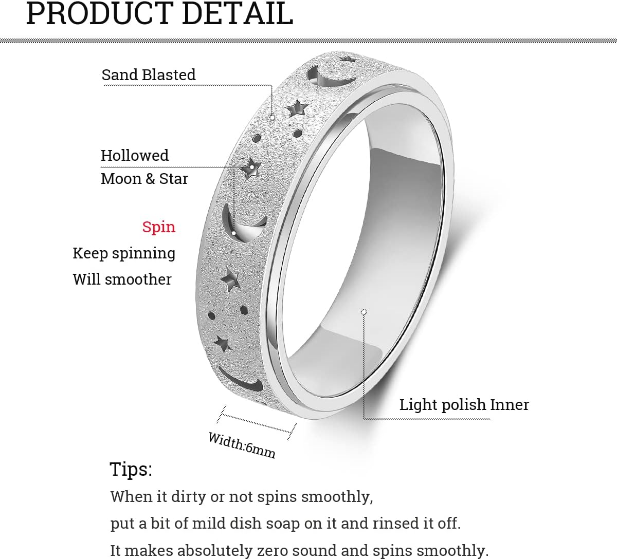 OreilleStar Anxiety Ring for Women Spinner Ring Stainless Steel Fidget Ring Fidget Toys Adults Spinner Rings Fidgit Ring Men Silver Size 6