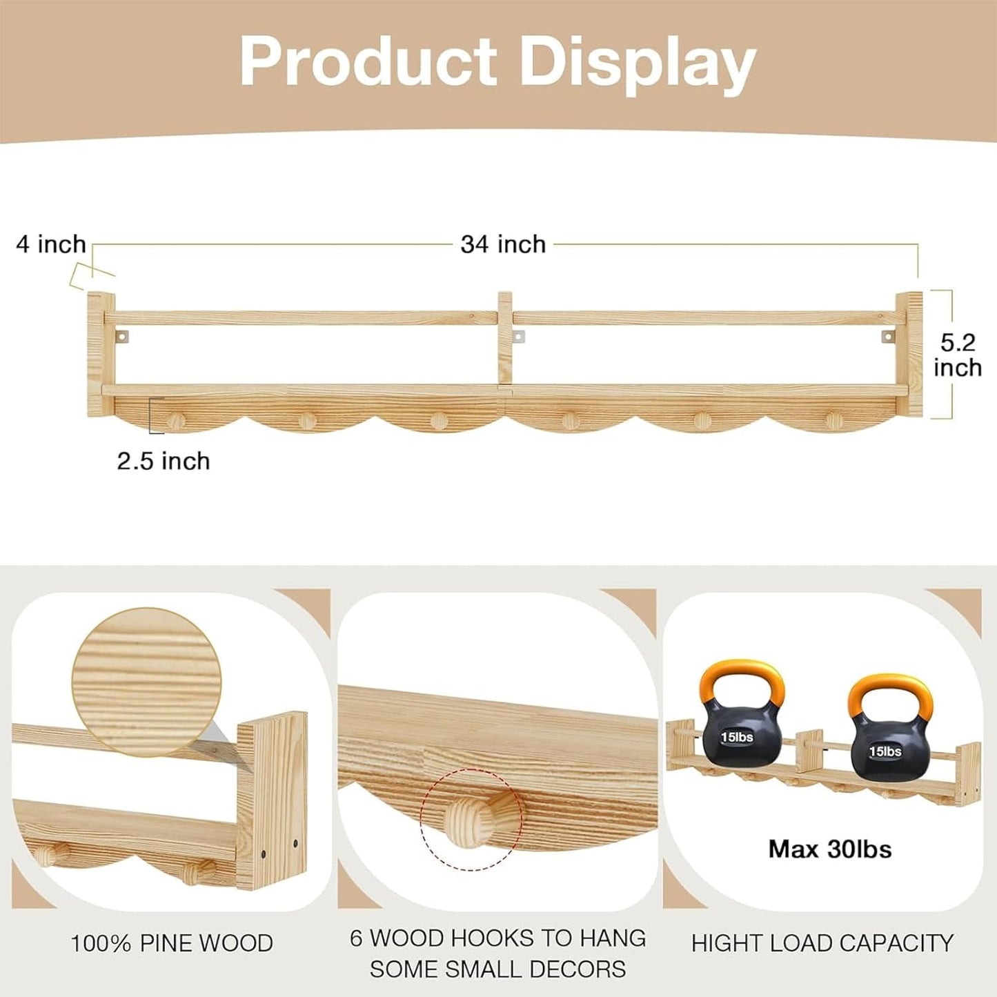 34Inch Nursery Bookshelves,Set of 4,Wall Floating Shelf Kids Coat Rack with 6Hooks,Hanging Book Shelf for Baby Nursery Room Décor， Patent Number: 29958098(Burlywood, 34)