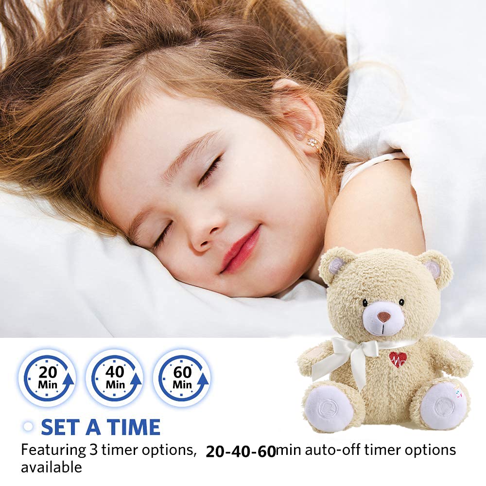 BEREST Sleeping Bear Baby Sleep Soother- Mom's Heartbeat White Noise Machine Infant Stuffed Animal Bear Toy Sleeping Aid, Nursery Decor with Baby Cry Sensor, Night Light, 9 Soothing Sounds Therapy