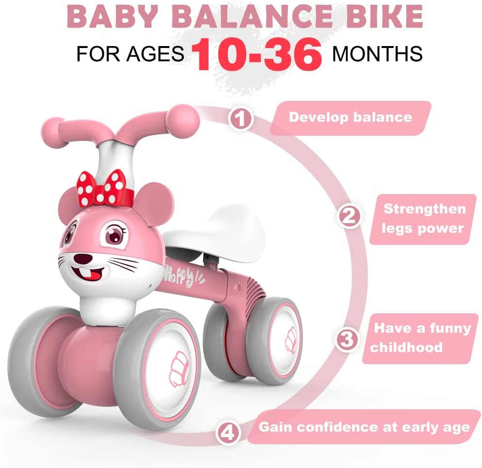 YGJT Baby Balance Bike for 1 + Year Old Boy and Girl, Indoor Outdoor Non-Pedal Baby Walker Toys for 10-36 Months Toddlers, Silent Wheels, 1st Birthday Gift, Kids First Bike Pink Mouse