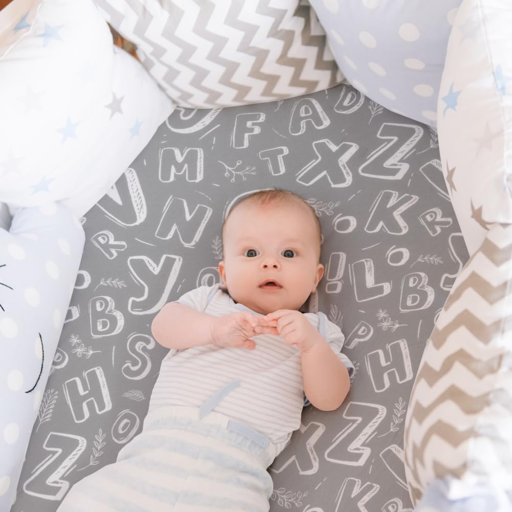 4 Pack Breathable Bassinet Sheets for Baby Boys Neutral Unisex Soft Bassinet Fitted Sheets for Toddler Travel Bassinet (Letter)