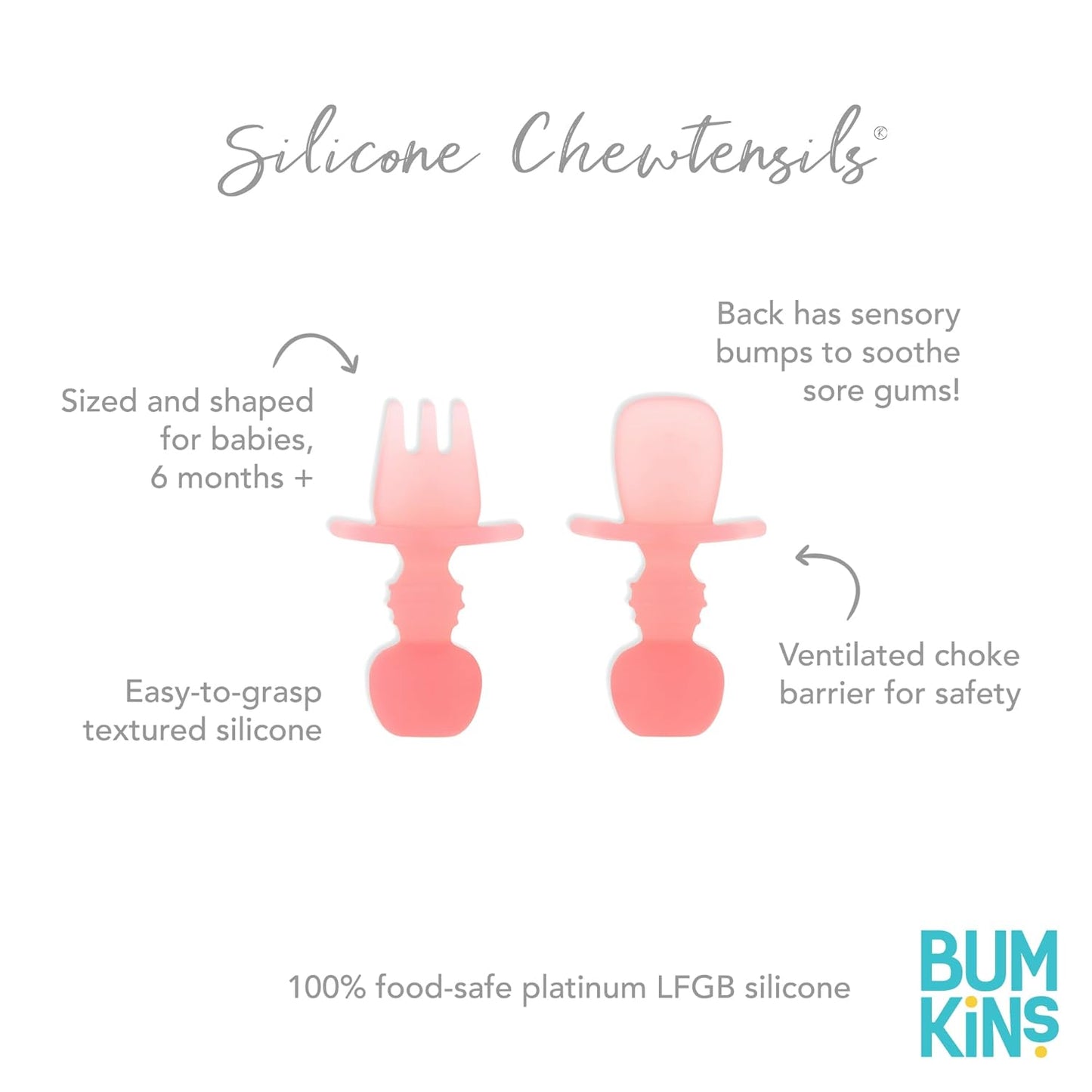 Bumkins Baby Utensils Set, Chewtensils Silicone Spoons for Dipping, Self-Feeding, Baby Led Weaning, Trainer Learning, First Stage Eating, Soft Practice Fork and Spoon, Babies 6 Months, Pink Jelly