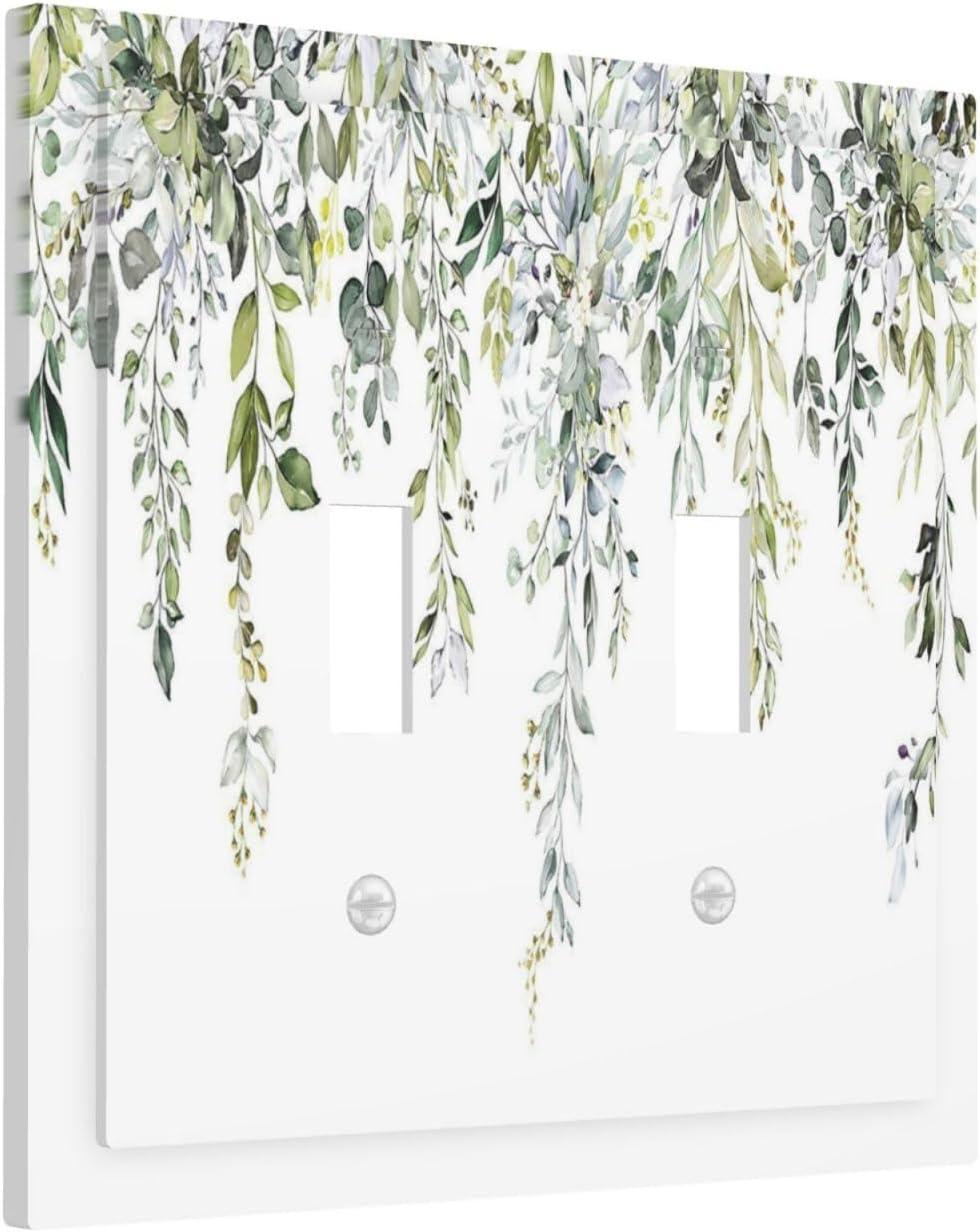 Decorative Switch Plates Boho Farmhouse Flower Leaf Sage Green 2 Gang Double Toggle Outlet Light Switch Cover Wall Plate Electrical Faceplate for Bedroom Cabin Decor