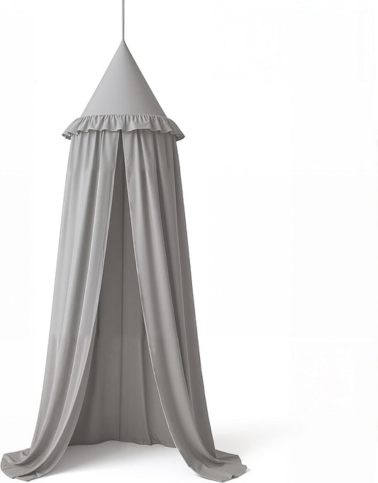 Wonder Space Kids Bed Canopy with Ruffles, Lace Frilled Cotton Tent Net, Pastel Neutral Colors for Boys & Girls, Nursery Room Baby Crib Hanging Curtain Mosquito Net Children Reading Nook Decor (Grey)