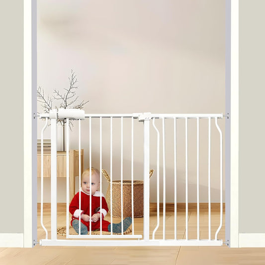 Extra Wide Baby Gate - 43.3-48 Inch Tension Mounted Safety Child & Pet Gate - White Metal - Walk Through - Long - for House Doorways & Stairs