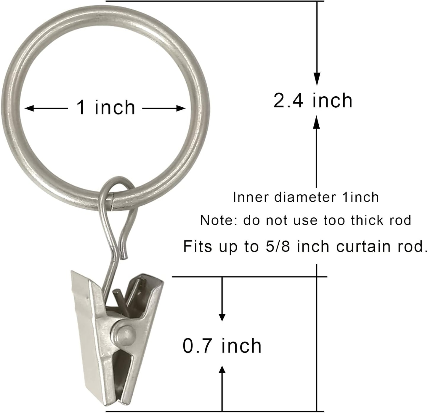 100 Pack Matte Silver Curtain Rings with Clips, Curtain Hooks Hangers Clip Rings for Hanging Drapes Bows Hat, Drapery Rings 1 in I D, Fits up to 5/8 in Diameter Curtain Rod.