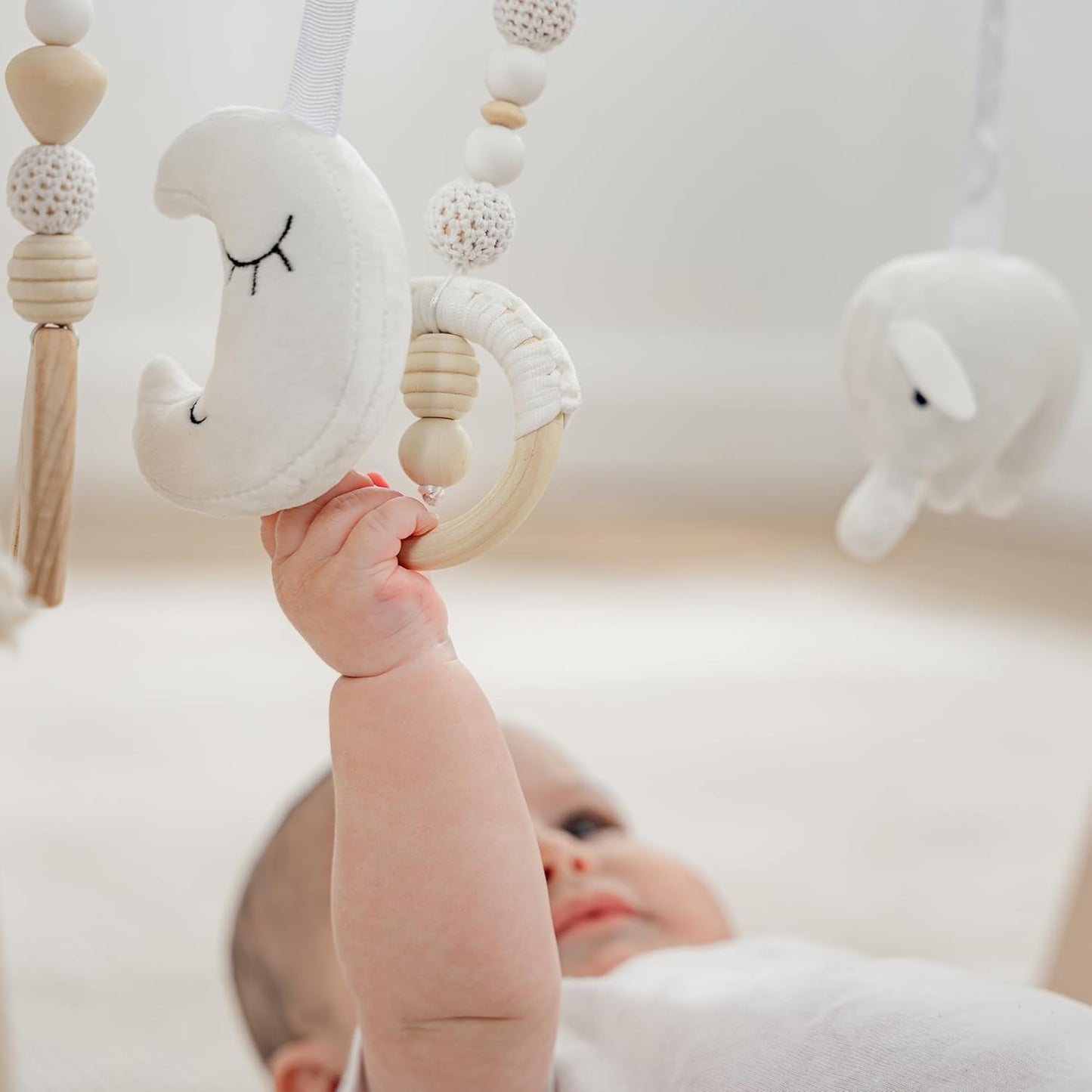 Comfy Cubs Wooden Baby Play Gym - Natural Finish Pinewood Baby Activity Gym with 5 Sensory Hanging Toys - Easy No-Tool Assembly, Safe and Durable for Infant Motor and Visual Development - Pacific Blue