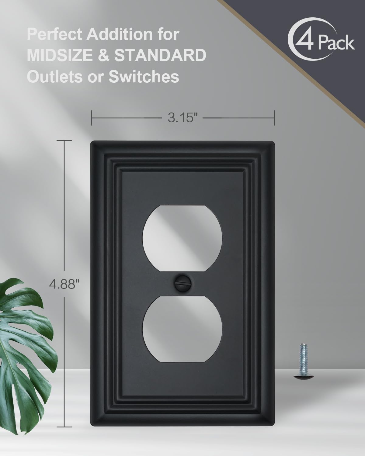 4-Pack Black Outlet Covers, Metal Duplex Wall Plates for Receptacles, Light Switch, Durable Electrical Outlet Cover Plates, 3.15''*4.88'', Midsize
