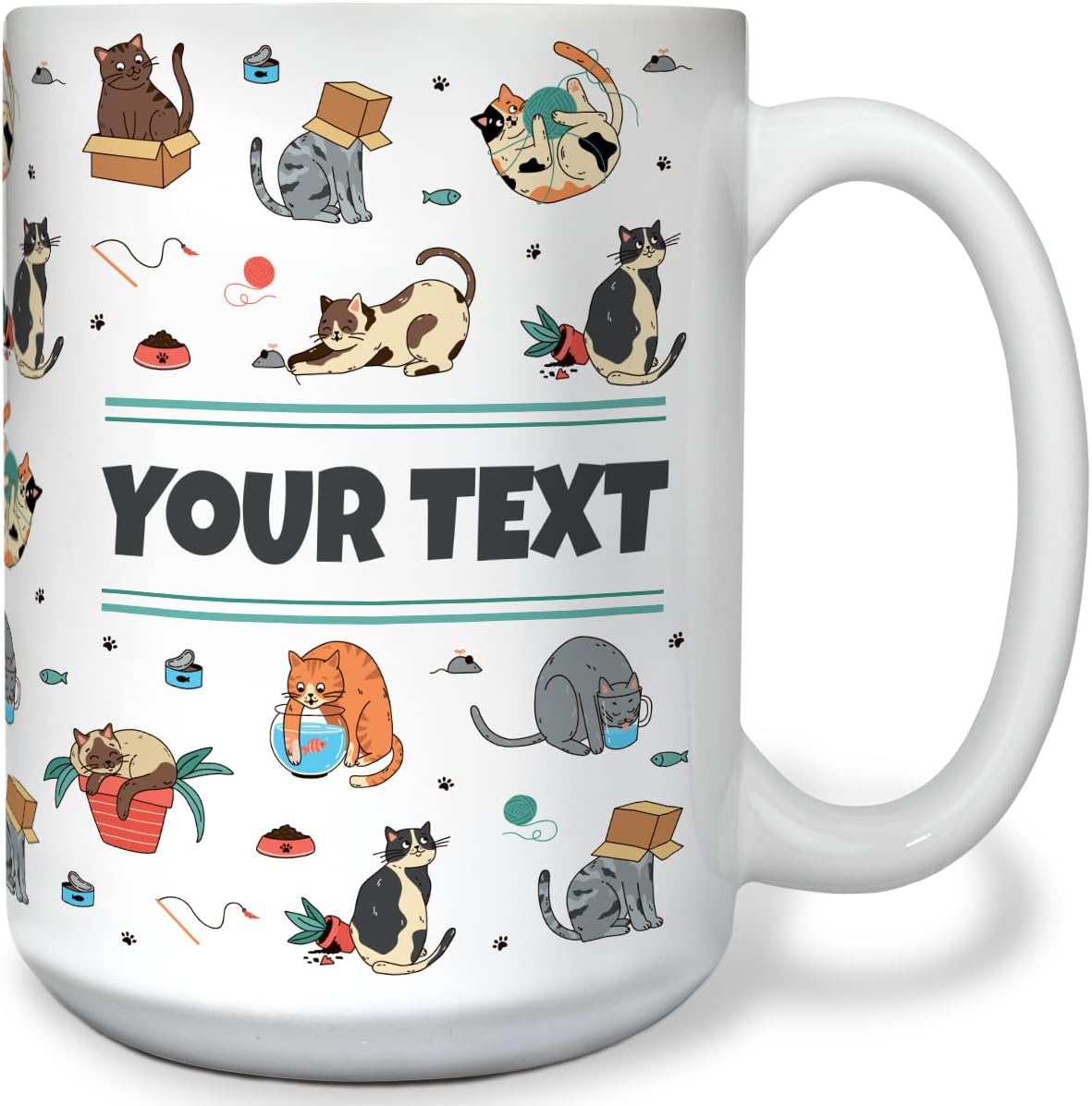 Personalized Mug for Kids - Cats - Custom Name/Text, Ceramic Hot Chocolate/Cocoa/Coffee Cup for Boys/Girls, Birthday/Christmas/Holiday Gift - 15 oz, White Handle