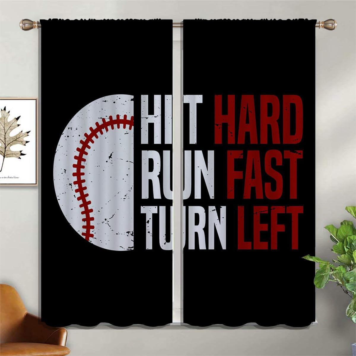 Baseball Blackout Curtains for Boy Girl Room Darkening Decor,Sport Theme Red and White Motto Dark Bedroom Living Room Home Rod Pocket Thermal Insulated Window Curtain/Drapes Panel,84x72 Inch…
