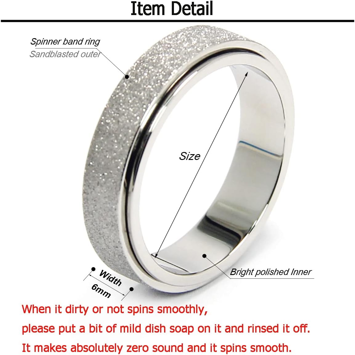 Anxiety Ring for Women Men, Titanium Stainless Steel Spinner Ring, 5 Colors, 6MM, Size 6-10, 3 Styles Anxiety Ring-Moon Star, Sandblasted Finished, Hollow Outer