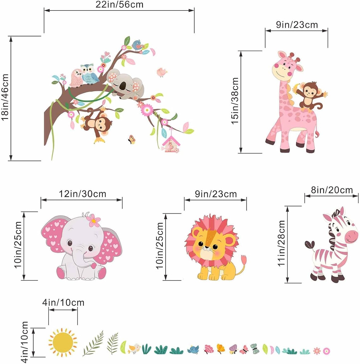 Pink Forest Baby Animals Wall Decals - Elephant Lion Giraffe Monkey Zebra Wall Stickers - Nursery Kids Girls Boys Room Daycare Playroom Classroom Wall Decor
