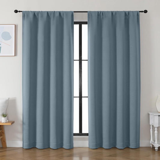 Simplebrand Ava Stone Blue Blackout Curtains for Bedroom 84 Inch Length 2 Panels Set, Solid Thermal Insulated Privacy Living Room Window Treatment Curtains Blackout Drapes, W50 x L84 Inch, Stone Blue
