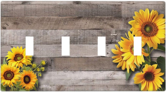 Sunflower Rustic Brown Gray Wood Light Switch Covers Quad Toggle Electrical Faceplate 4 Gang Wall Plate Decorative Switch Plates for Farmhouse Home Decor