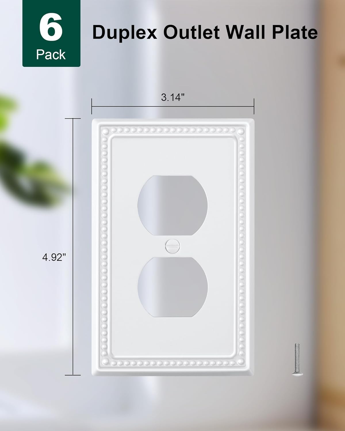 6-Pack Duplex Outlet Cover Plate, Pure White Metal Wall Plates for Electrical Outlets, 1 Gang Receptacle Light Switch Cover, Pearls Decorative Switch Plates and Outlet Covers