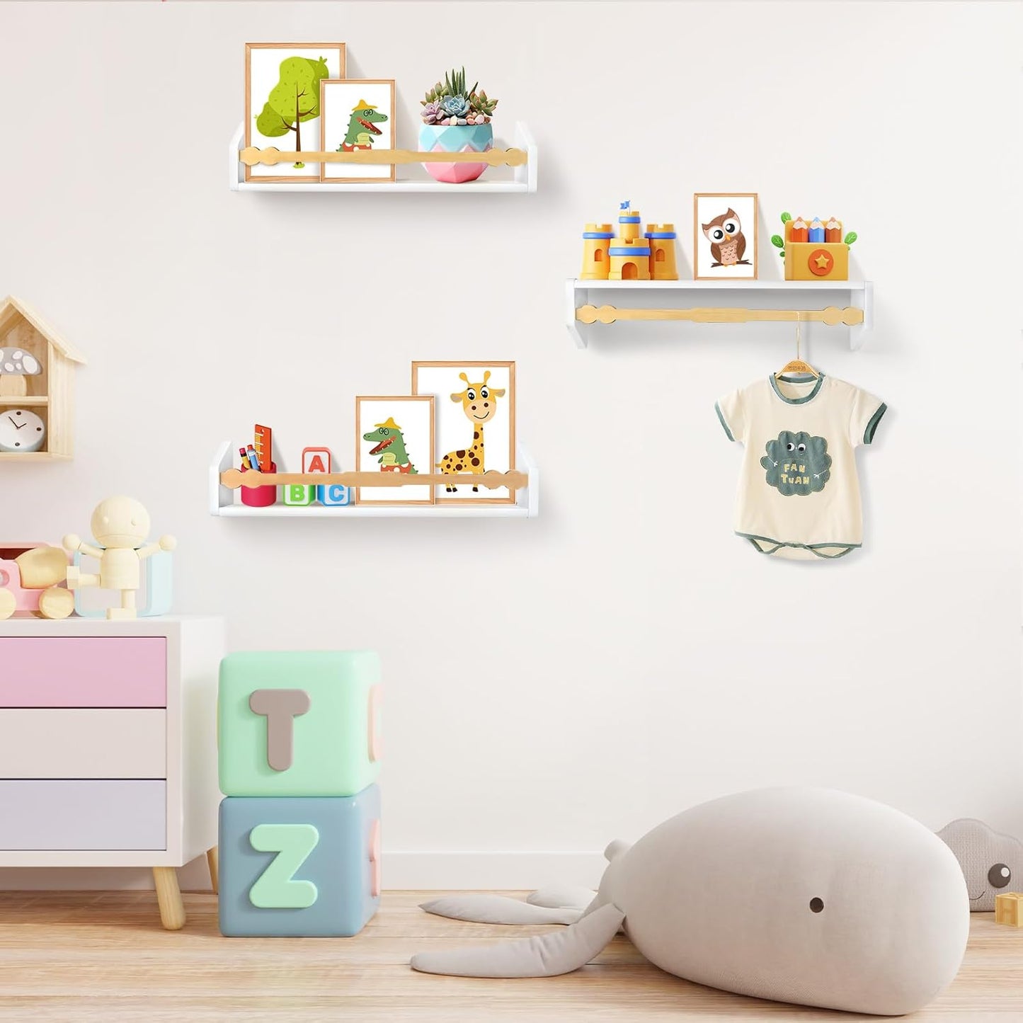 comfoyar Nursery Book Shelves Set of 3, 15.7 Inch Solid Pine Floating Shelves for Wall, Hanging Bookshelf for Kids Boys Girls Baby, Decoration for Bedroom Kitchen Bathroom Playroom, White and Natural