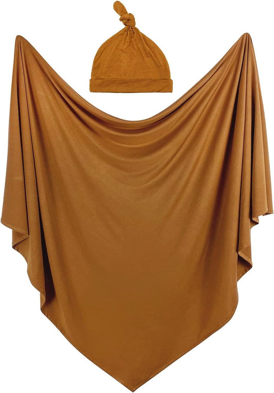 iEvolve Cotton Knitted Baby Swaddle Blanket with Hat Headband Set Newborn Swaddle Wrap Receiving Blankets for Baby Girl Boy 35" x 35"(Ginger)