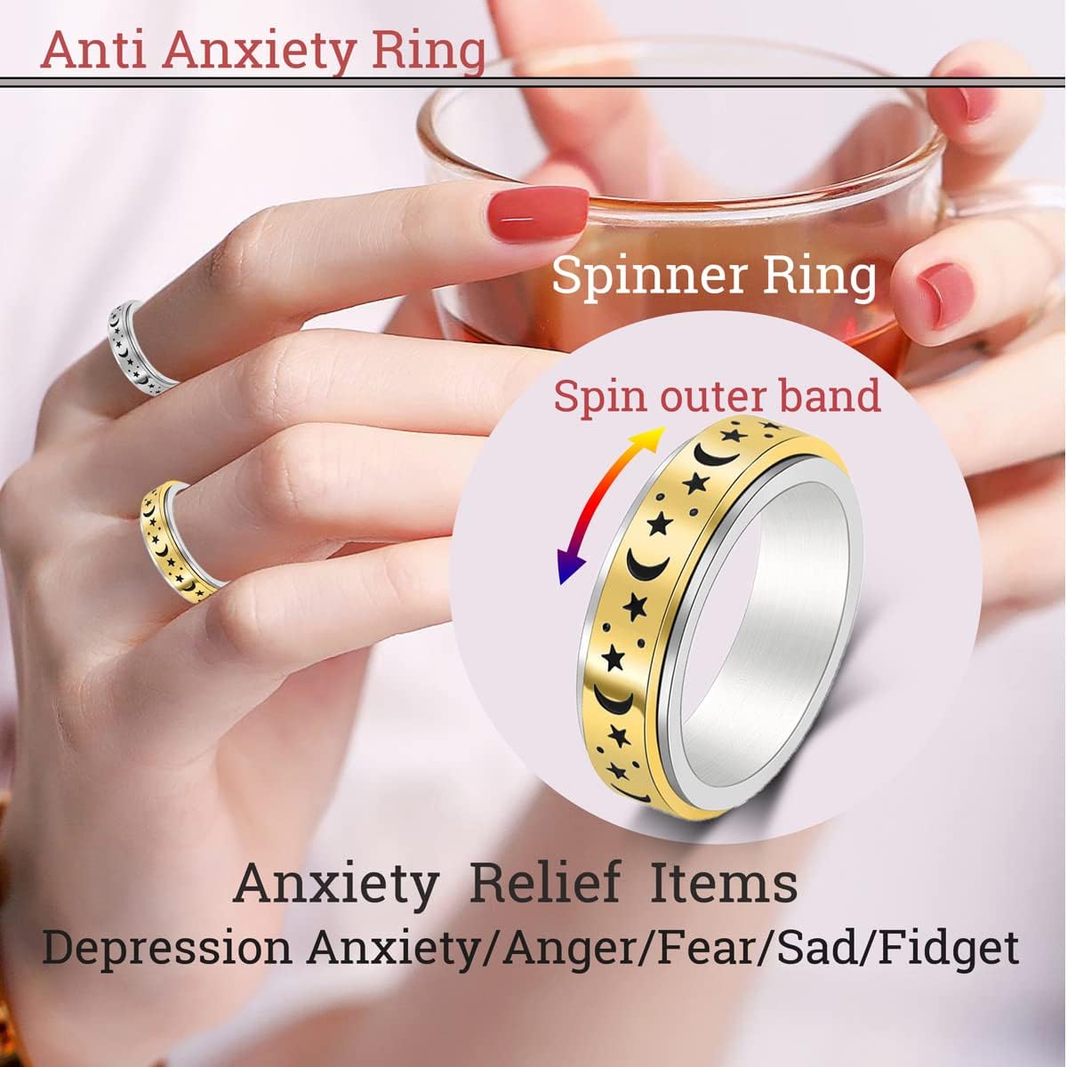 Anxiety Ring for Women Men, Titanium Stainless Steel Spinner Ring, 5 Colors, 6MM, Size 6-10, 3 Styles Anxiety Ring-Moon Star, Sandblasted Finished, Hollow Outer