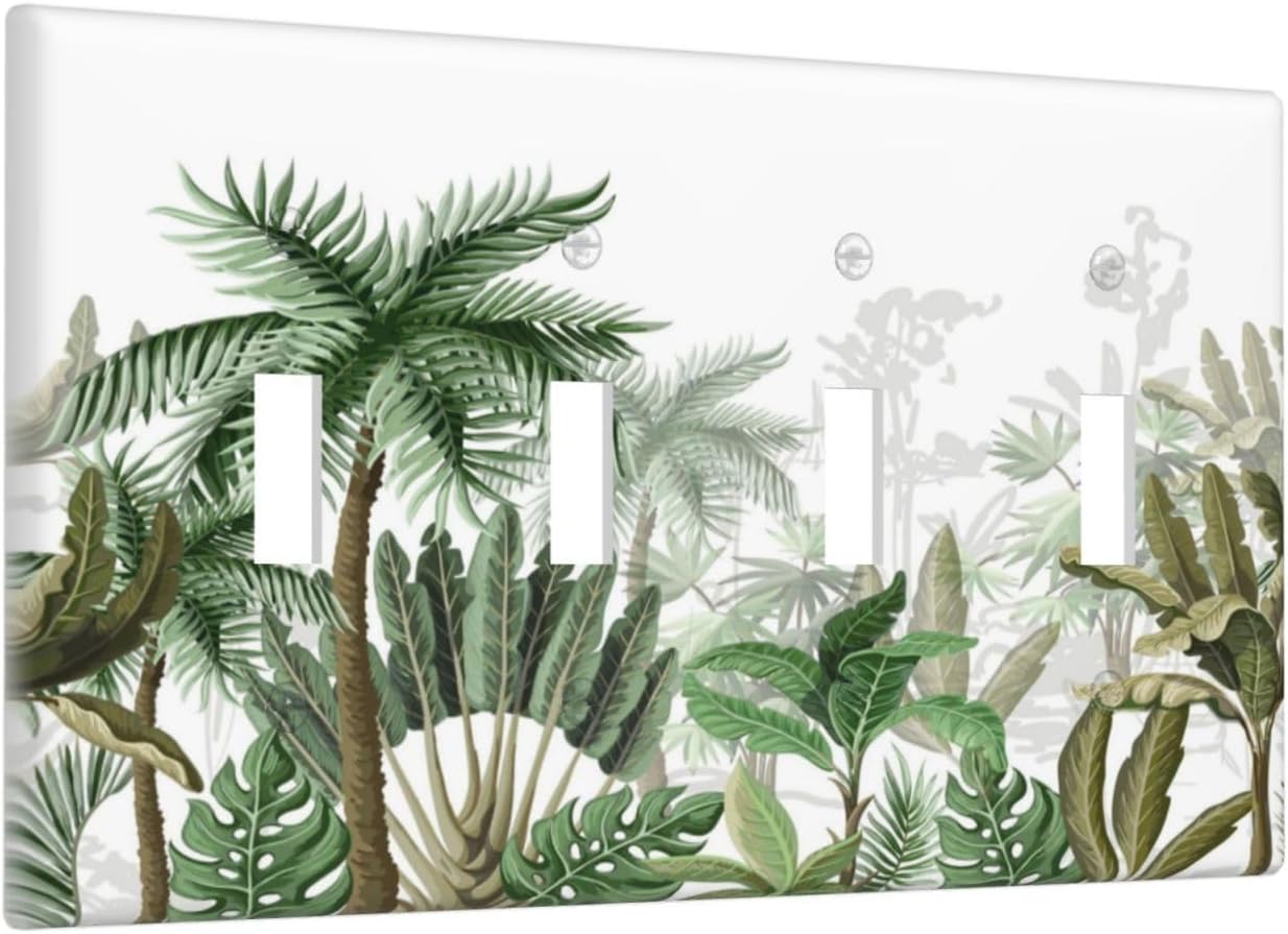 Palm Tree Banana Leaf Green Rainforest Natural Landscape Light Switch Covers Quad Toggle Electrical Faceplate 4 Gang Wall Plate Decorative Switch Plates for Bed Room Living Room Decor
